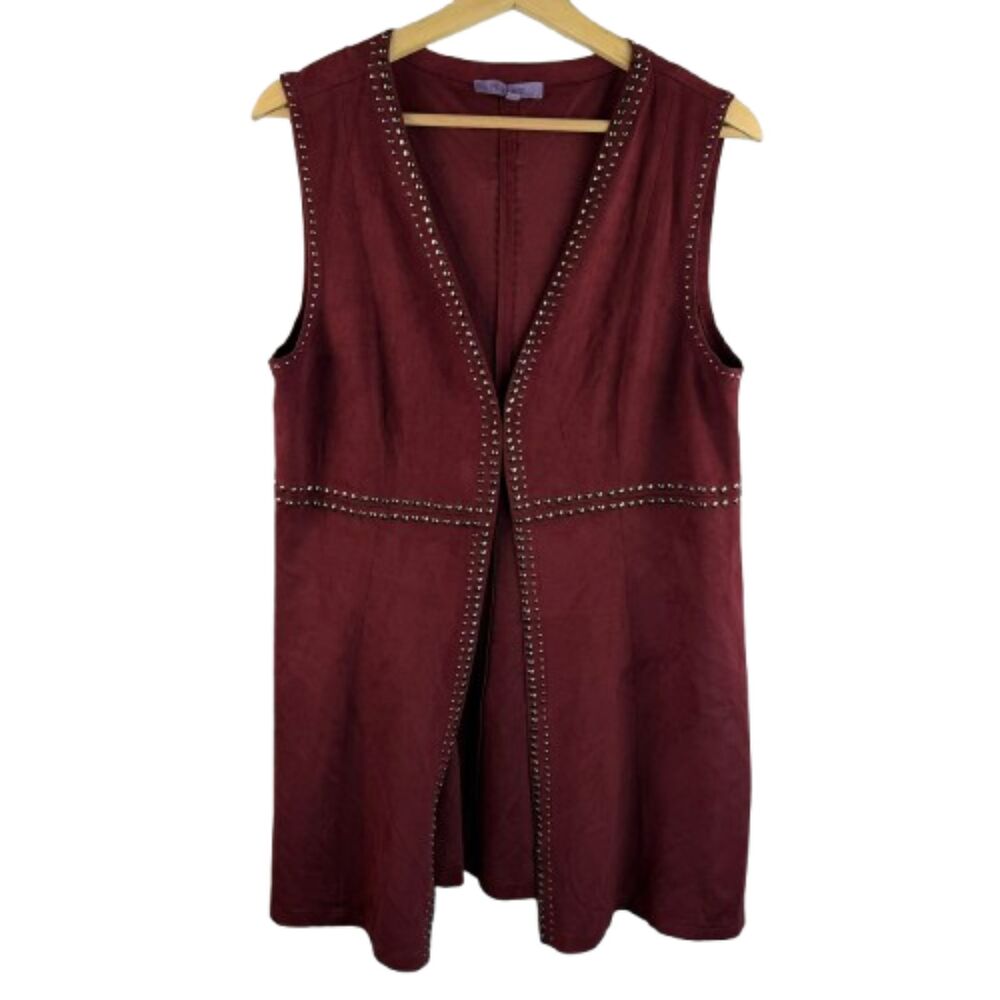 Premise Western Boho Studded Faux Suede Burgundy Vest Long Duster Size M